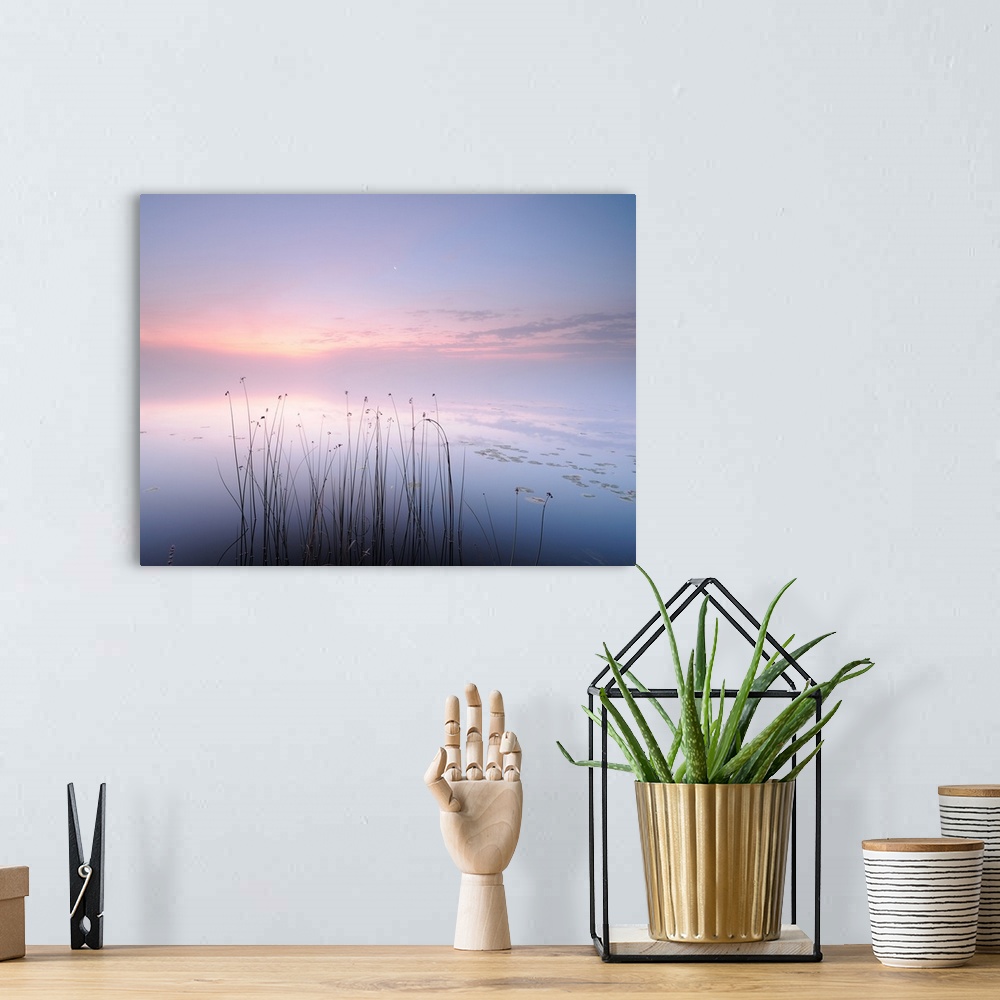 A bohemian room featuring A misty lake and evening sky in pastel colors.