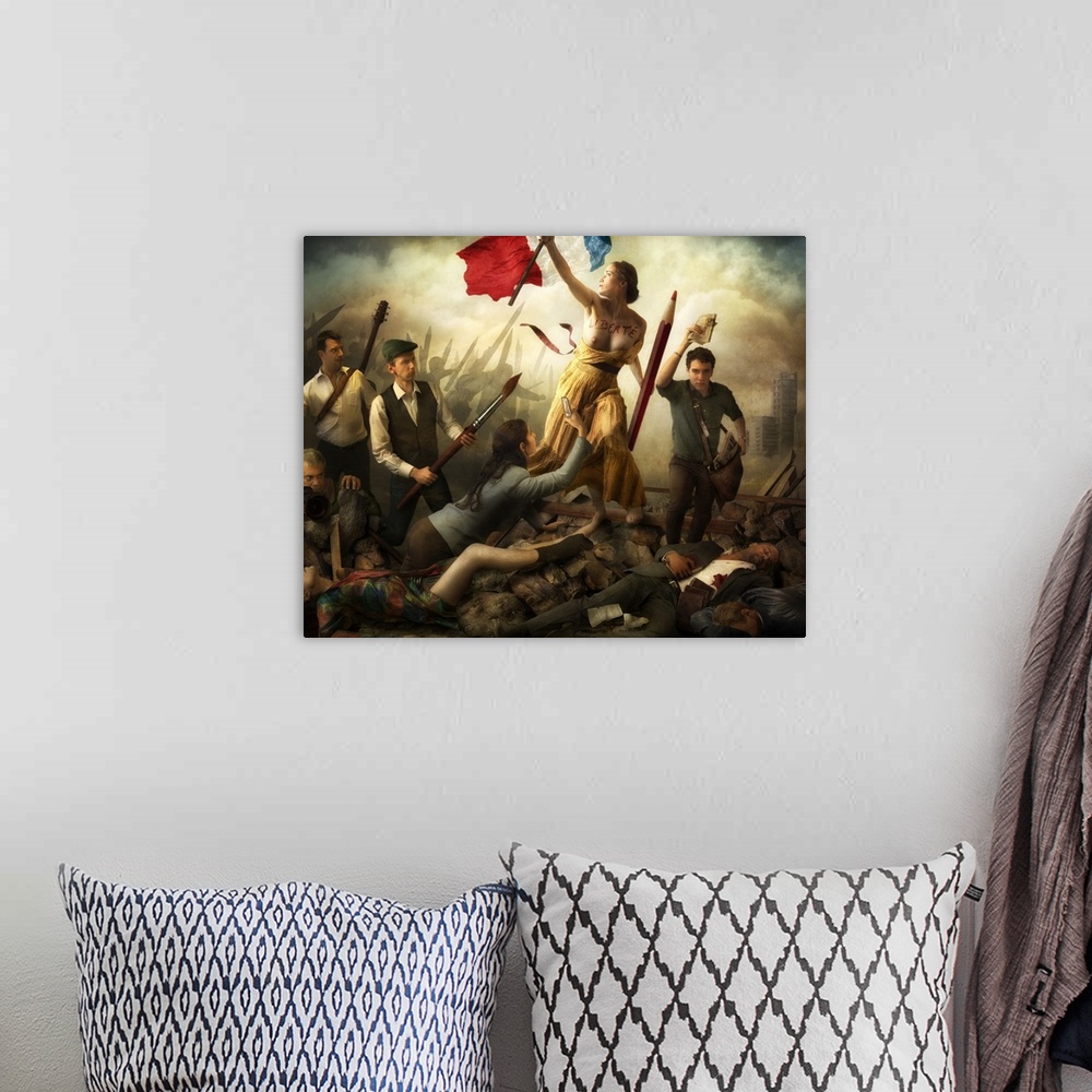 A bohemian room featuring Recreation of the Delacroix painting, "Liberty Leading the People," with people wielding giant ar...
