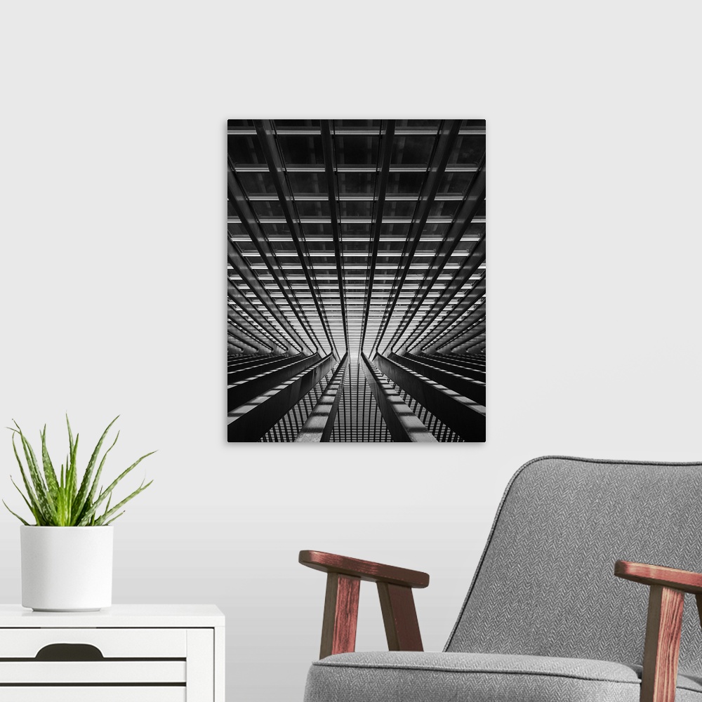 A modern room featuring Abstract photograph of intricate architectural design.