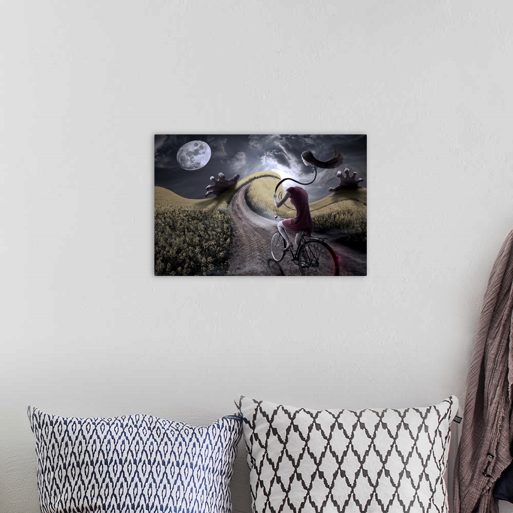 A bohemian room featuring Conceptual image of a woman on a bicycle in a dreamscape.