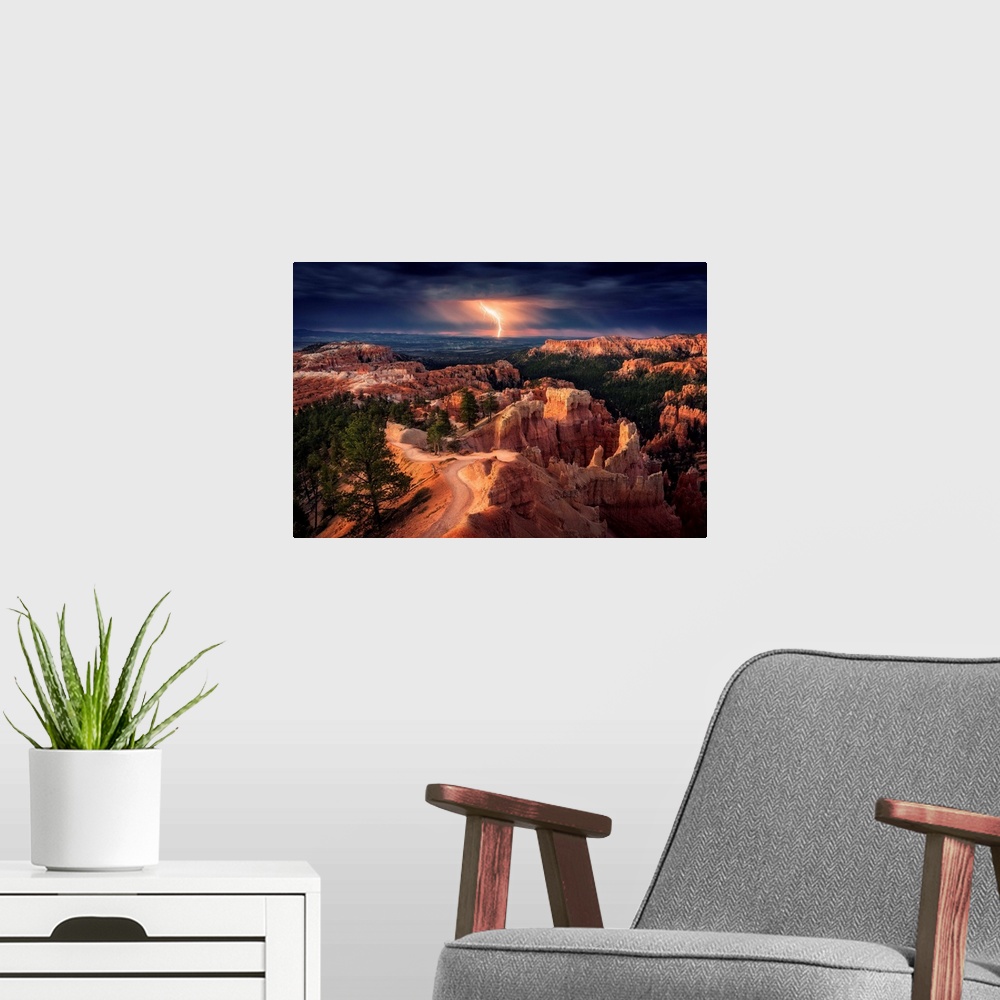 A modern room featuring A massive lightning strike over Bryce canyon in Utah.