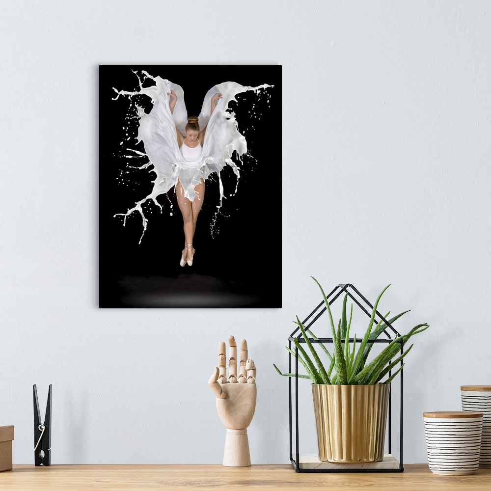A bohemian room featuring Conceptual image of a dancer leaping, her dress appearing to be made out of liquid.