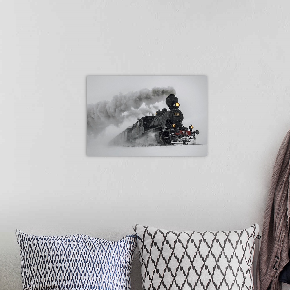 A bohemian room featuring A powerful locomotive races through the snowy landscape in the desert, leaving billowing steam be...