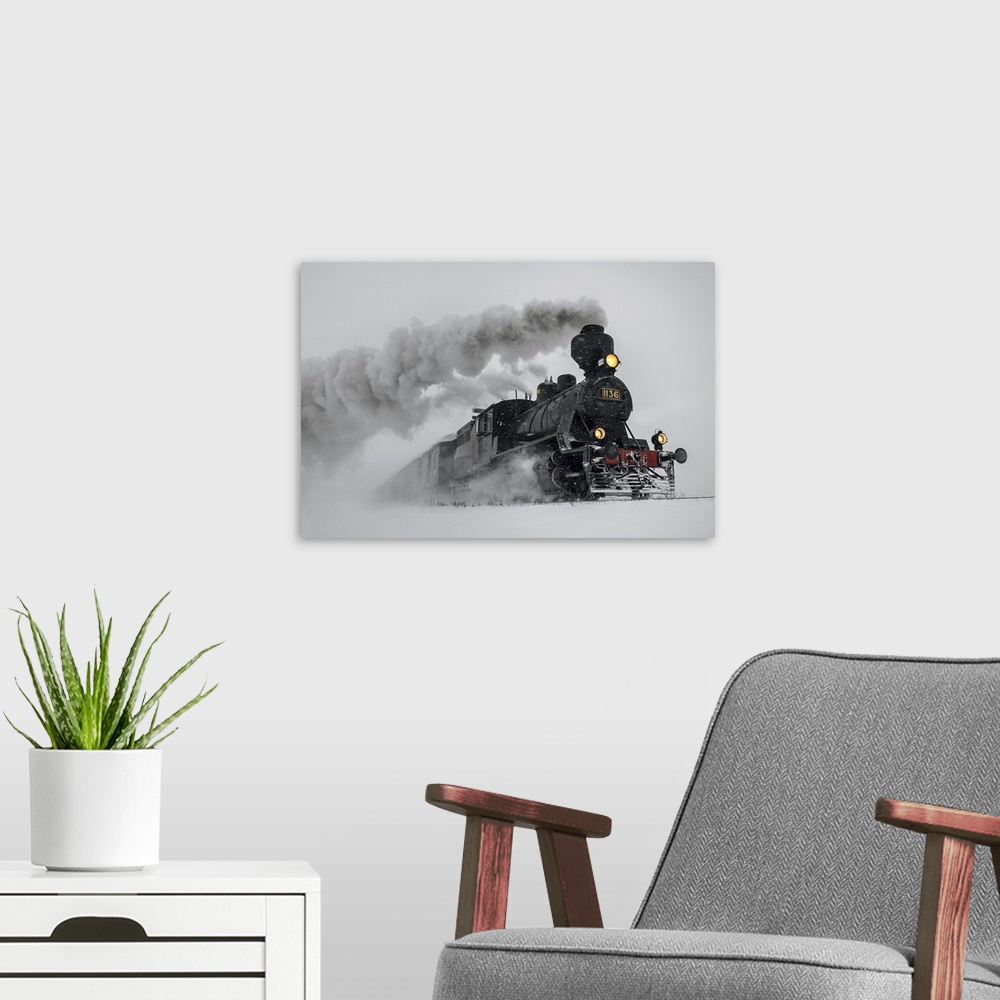 A modern room featuring A powerful locomotive races through the snowy landscape in the desert, leaving billowing steam be...