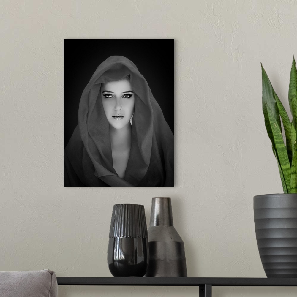 A modern room featuring Black and white portrait of a beautiful woman wearing a veil.