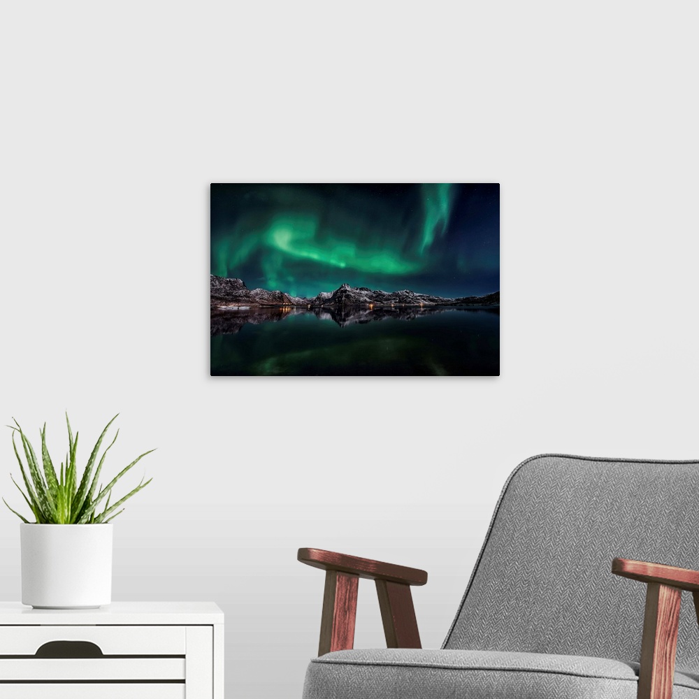A modern room featuring Lofoten Aurora Reflection