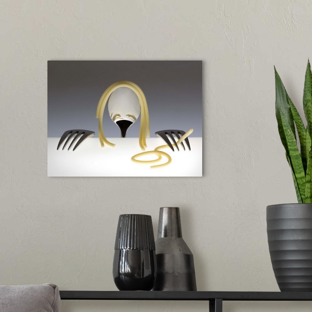 A modern room featuring Conceptual image of a spoon and two forks resembling a person, playing with spaghetti.