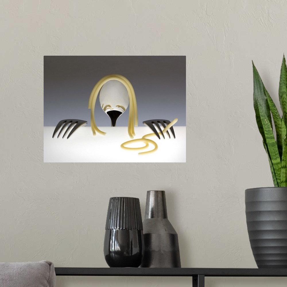 A modern room featuring Conceptual image of a spoon and two forks resembling a person, playing with spaghetti.