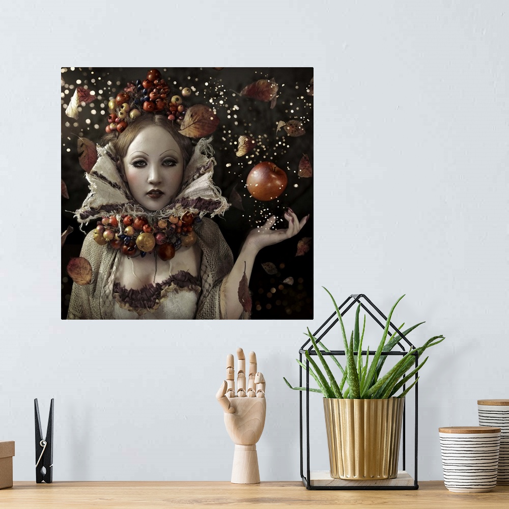 A bohemian room featuring Conceptual image of a woman with a crown and collar of autumn fruit, representing the harvest.