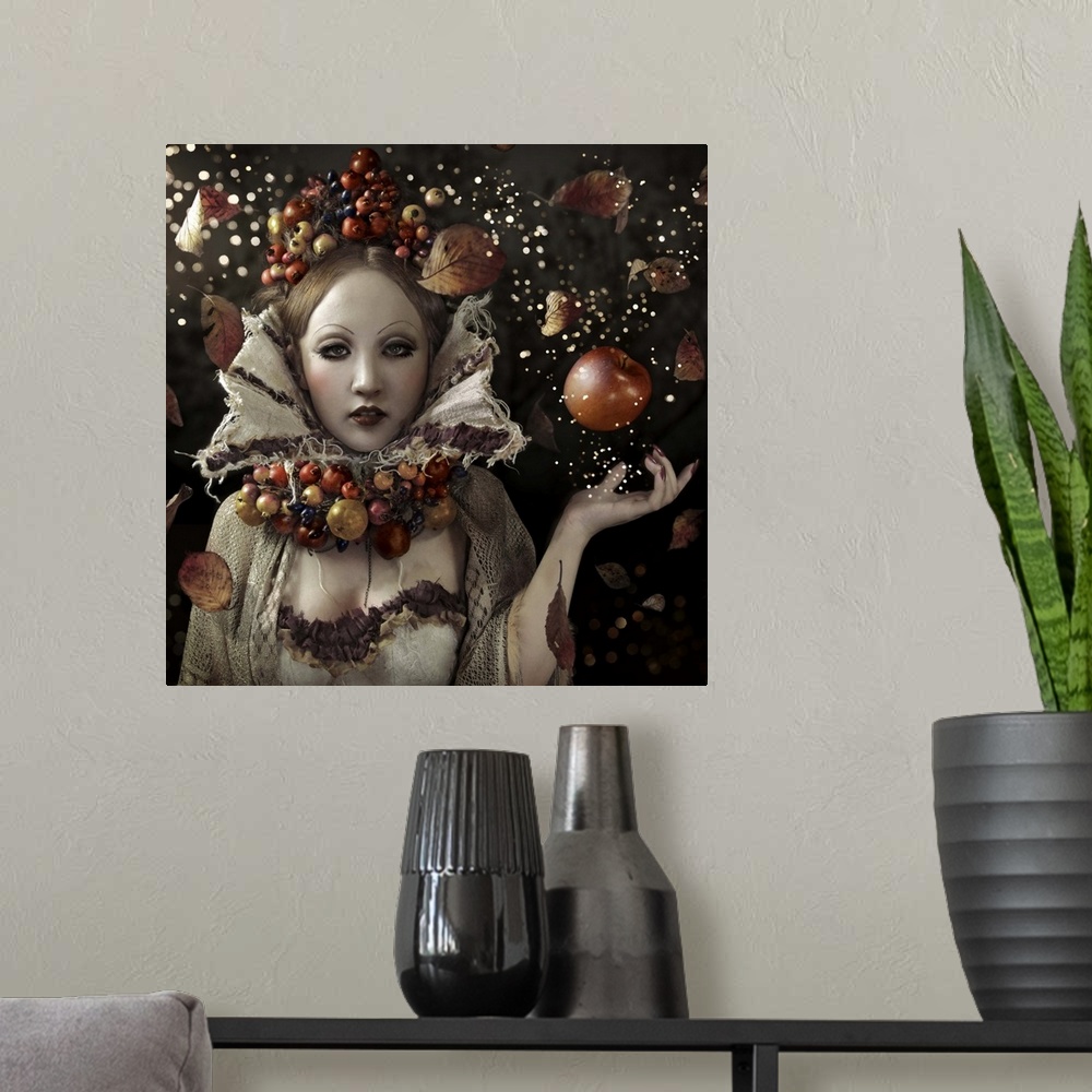 A modern room featuring Conceptual image of a woman with a crown and collar of autumn fruit, representing the harvest.