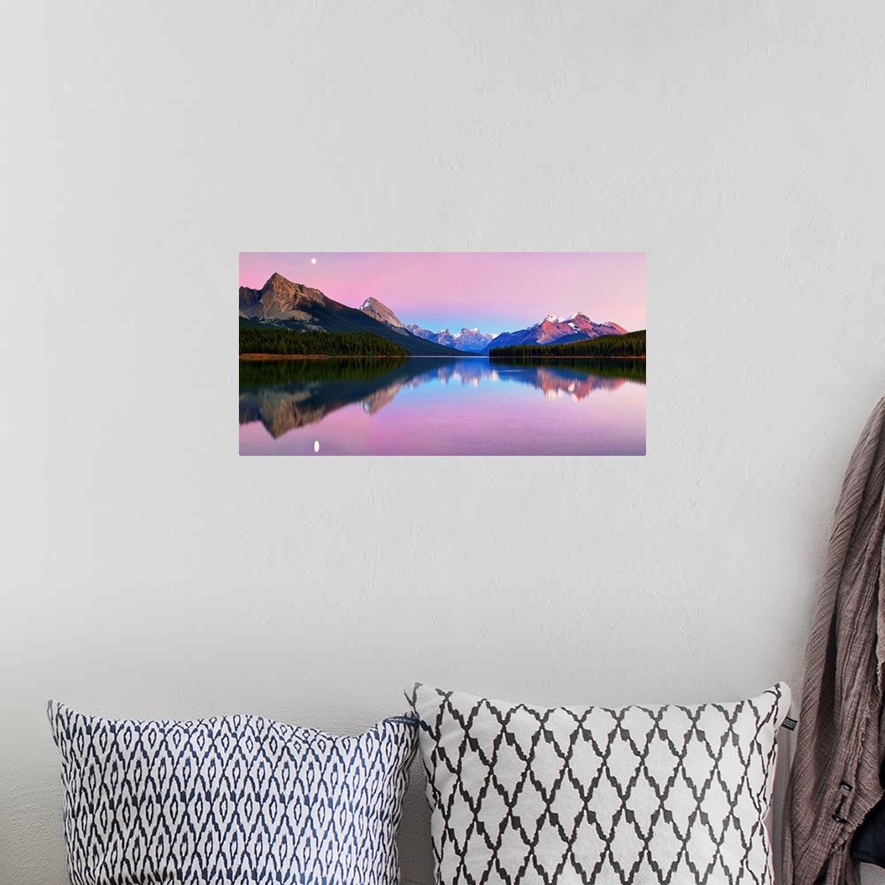 A bohemian room featuring Panoramic image of calm Maligne Lake in the Canadian Rockies at twilight, with a mirror reflectio...