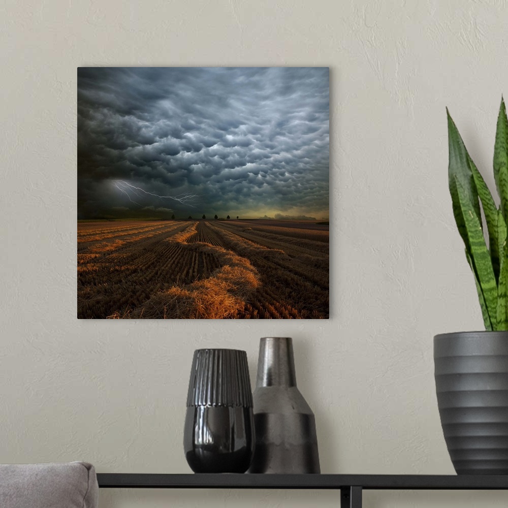 A modern room featuring Strange storm cloud formations and lightning over farmland in Strohgaeu, Germany.