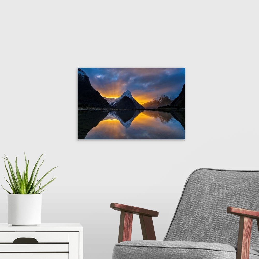 A modern room featuring Milford Sound Sunset