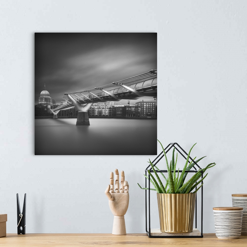 A bohemian room featuring Square black and white photograph of the Millennium Bridge with St. Paul's Cathedral in the backg...