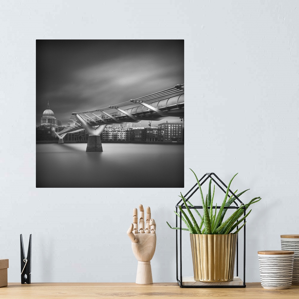 A bohemian room featuring Square black and white photograph of the Millennium Bridge with St. Paul's Cathedral in the backg...