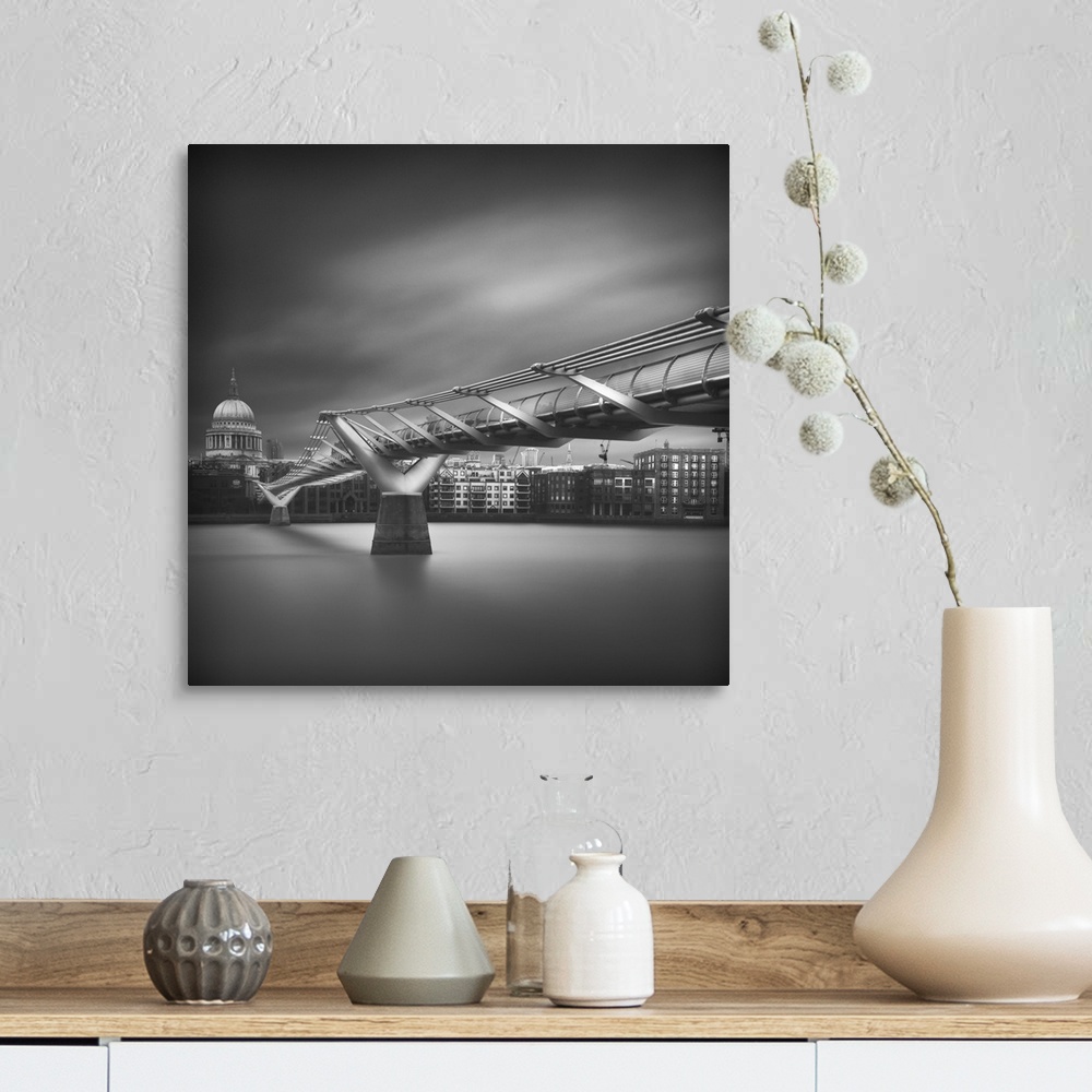 A farmhouse room featuring Square black and white photograph of the Millennium Bridge with St. Paul's Cathedral in the backg...
