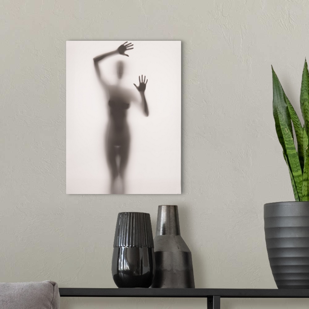 A modern room featuring Fine art photograph of  nude female figure behind frosted glass.