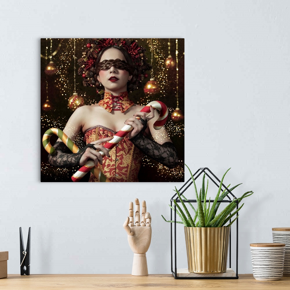 A bohemian room featuring Conceptual image of a woman in a corset and elaborate hairstyle holding candy canes in front of h...
