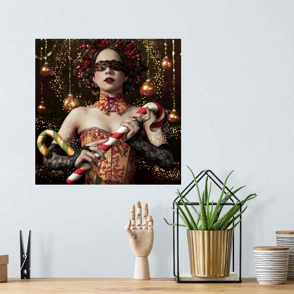 A bohemian room featuring Conceptual image of a woman in a corset and elaborate hairstyle holding candy canes in front of h...