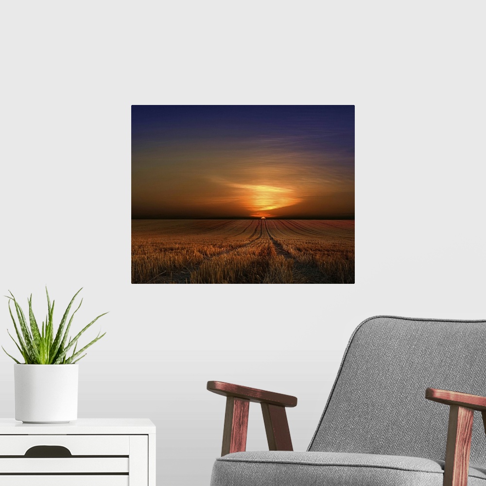 A modern room featuring The rising sun casts a bright glow on the clouds over a wheat field.