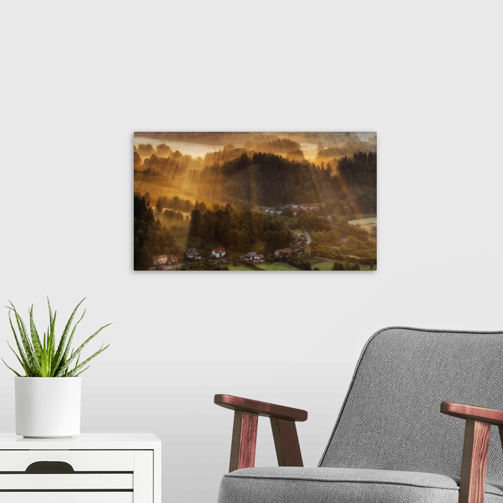 A modern room featuring A photograph of Polish countryside landscape bathed in early morning light.