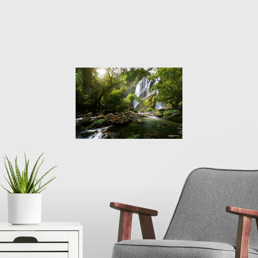 A modern room featuring Mountain stream and Waterfall in the autumn