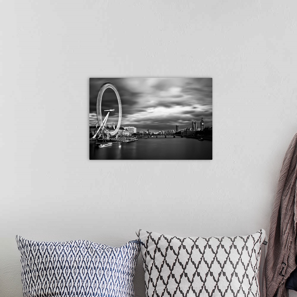 A bohemian room featuring Long exposure of the London skyline, with the London Eye in motion and Big Ben in the distance.