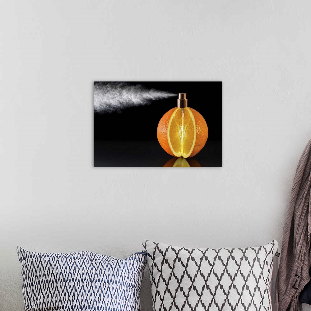 A bohemian room featuring Conceptual photograph of an orange with a wedge cut of it and a spray nozzle fitted to the top of...
