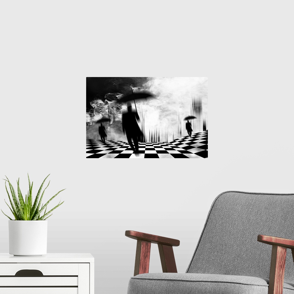 A modern room featuring Conceptual image of dark figures with umbrellas on a checkered field, with smoke in the air.
