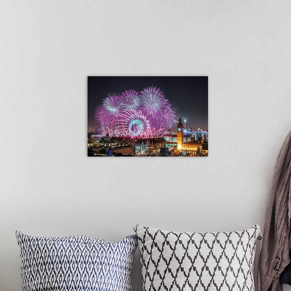 A bohemian room featuring Huge fireworks display over Paris on New Year's Eve.