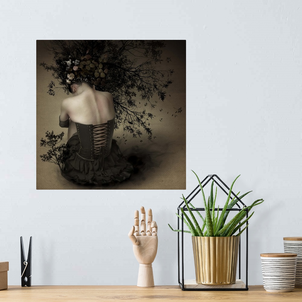 A bohemian room featuring Conceptual image of a woman with branches and flowers in her hair.