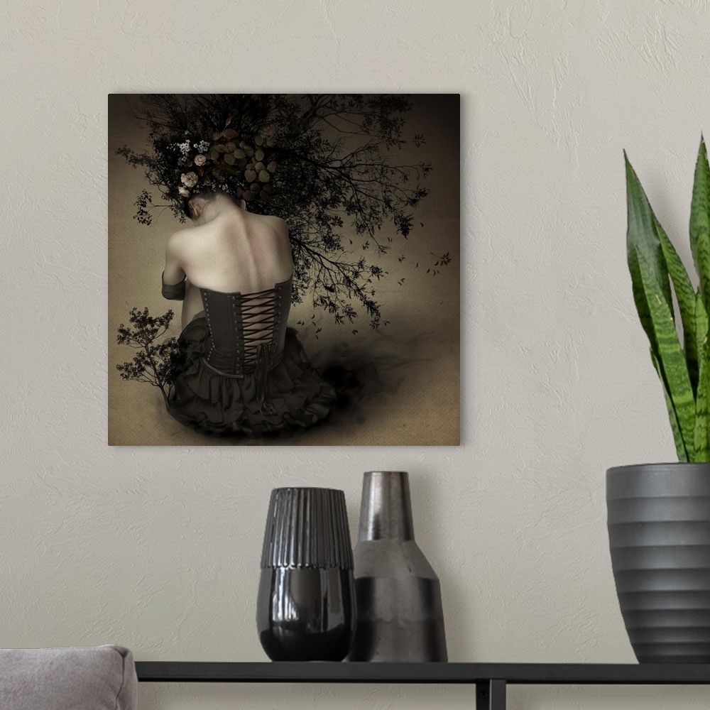 A modern room featuring Conceptual image of a woman with branches and flowers in her hair.