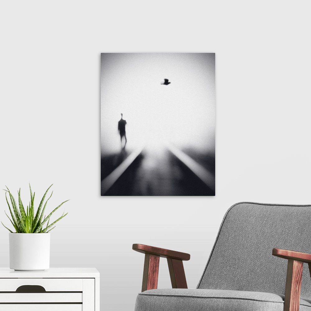 A modern room featuring Soft focus image of a man walking near rails with a bird overhead.