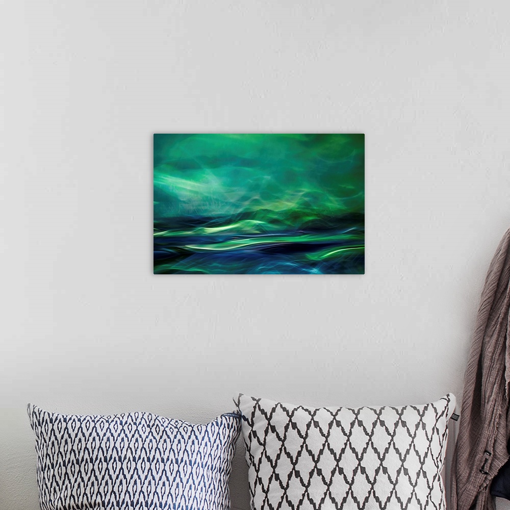 A bohemian room featuring Fine art abstract photograph of a green toned colorscape.