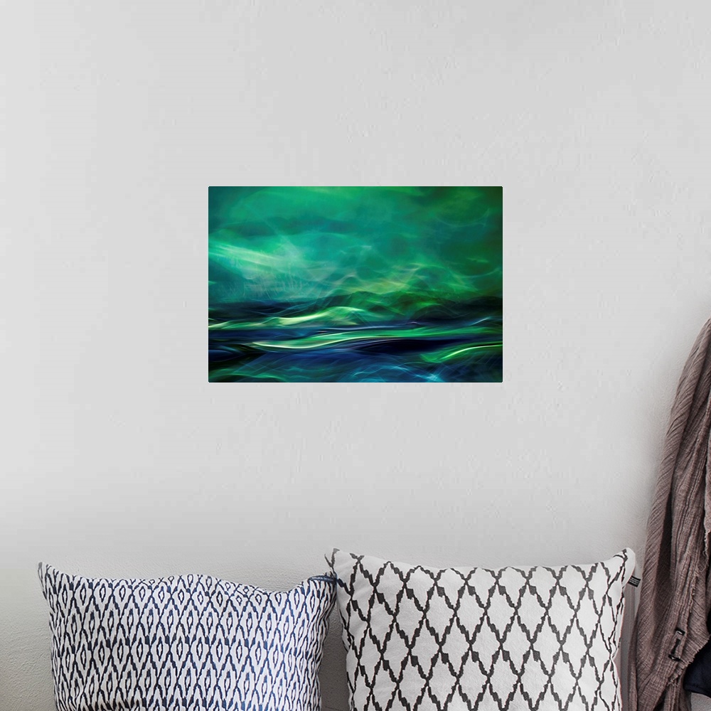 A bohemian room featuring Fine art abstract photograph of a green toned colorscape.
