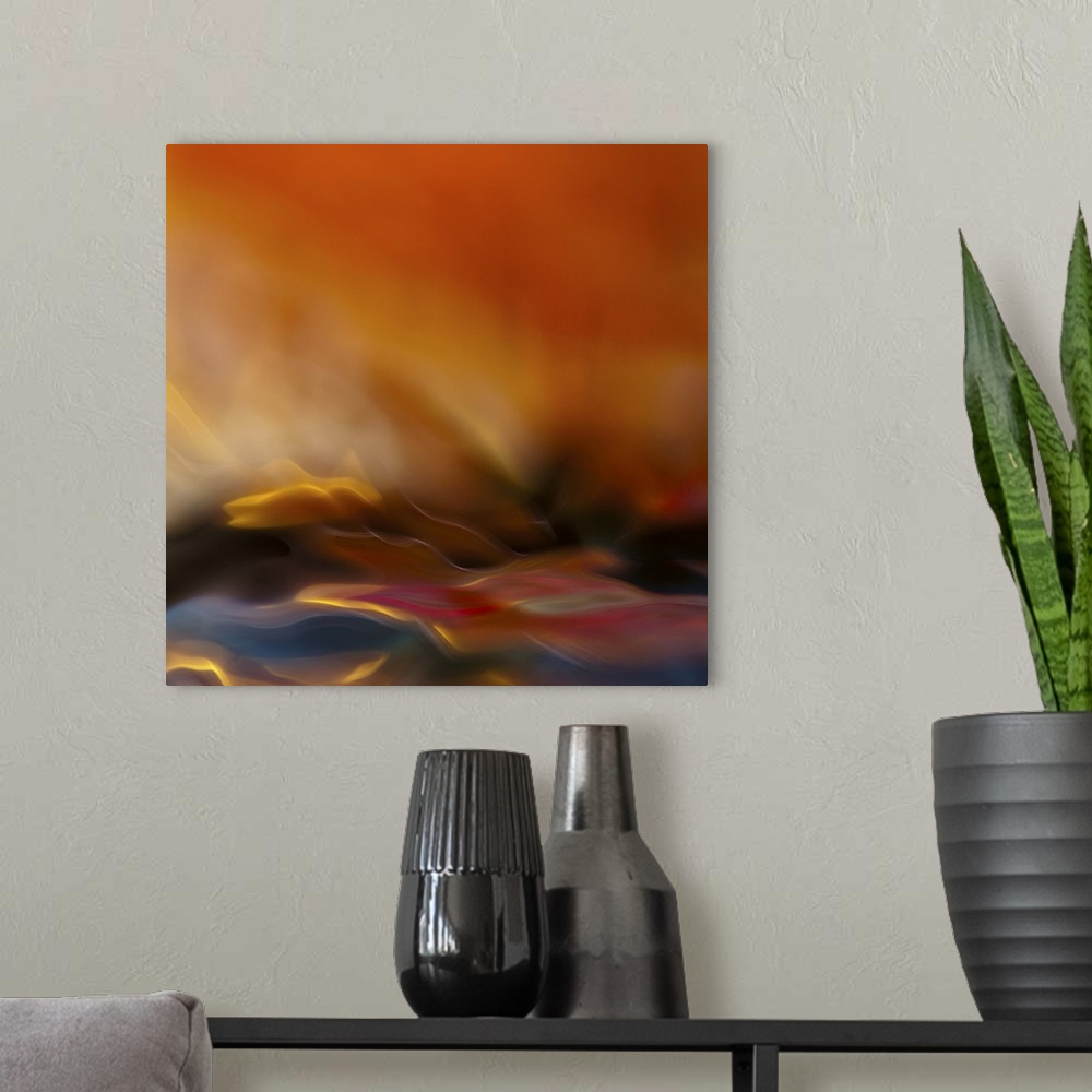 A modern room featuring Abstract photograph with motion blur resembling a fire.