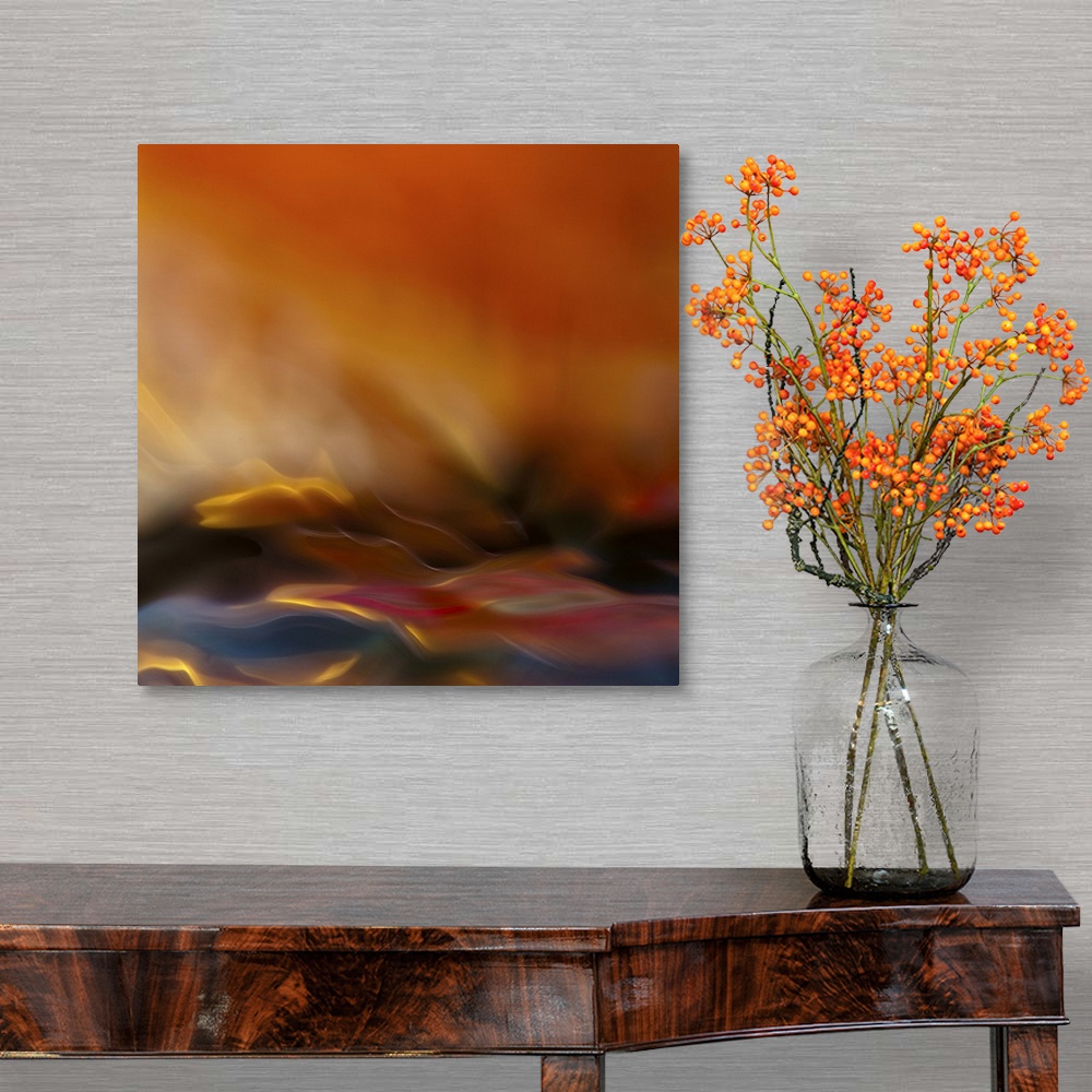 A traditional room featuring Abstract photograph with motion blur resembling a fire.