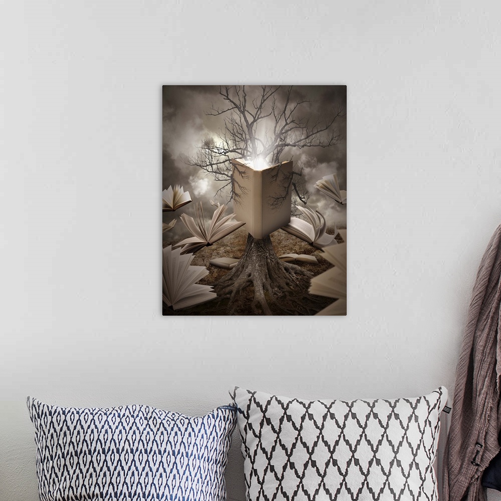 A bohemian room featuring A tree with roots is reading a story with books floating around it on a brown old landscape.
