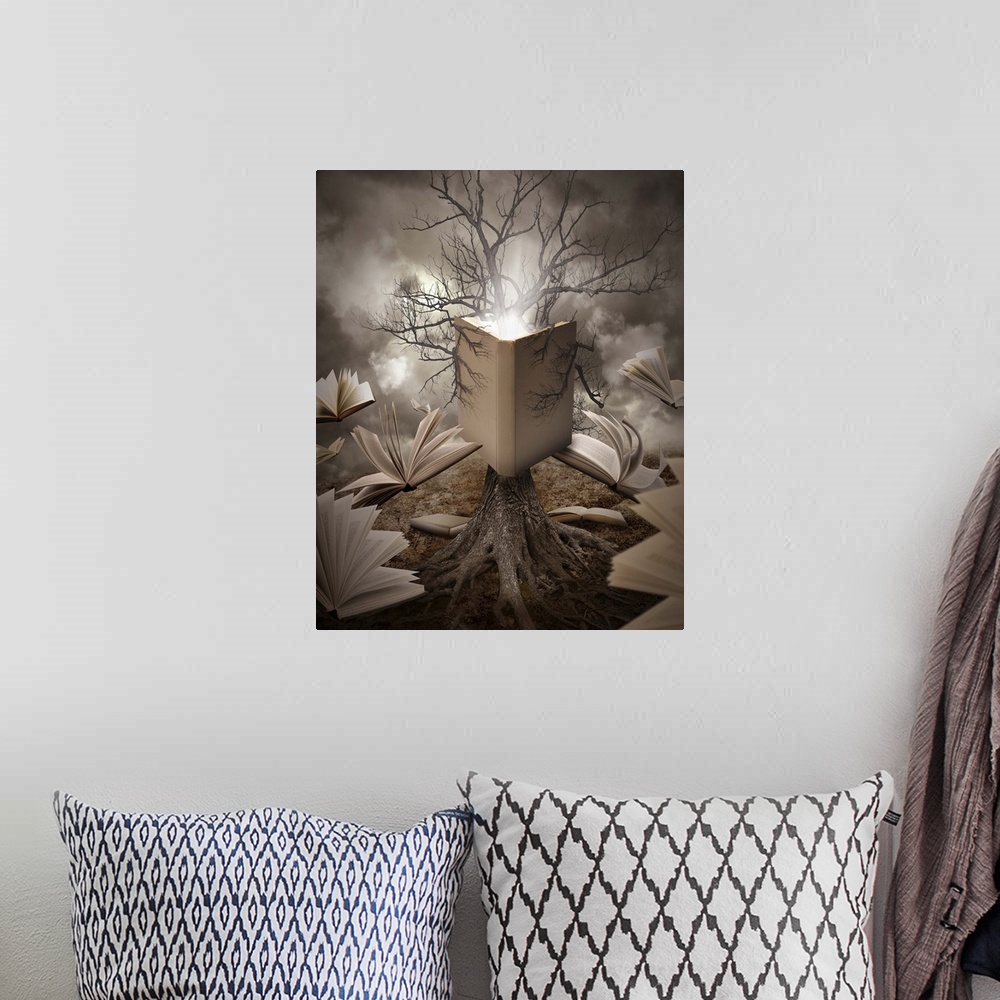 A bohemian room featuring A tree with roots is reading a story with books floating around it on a brown old landscape.