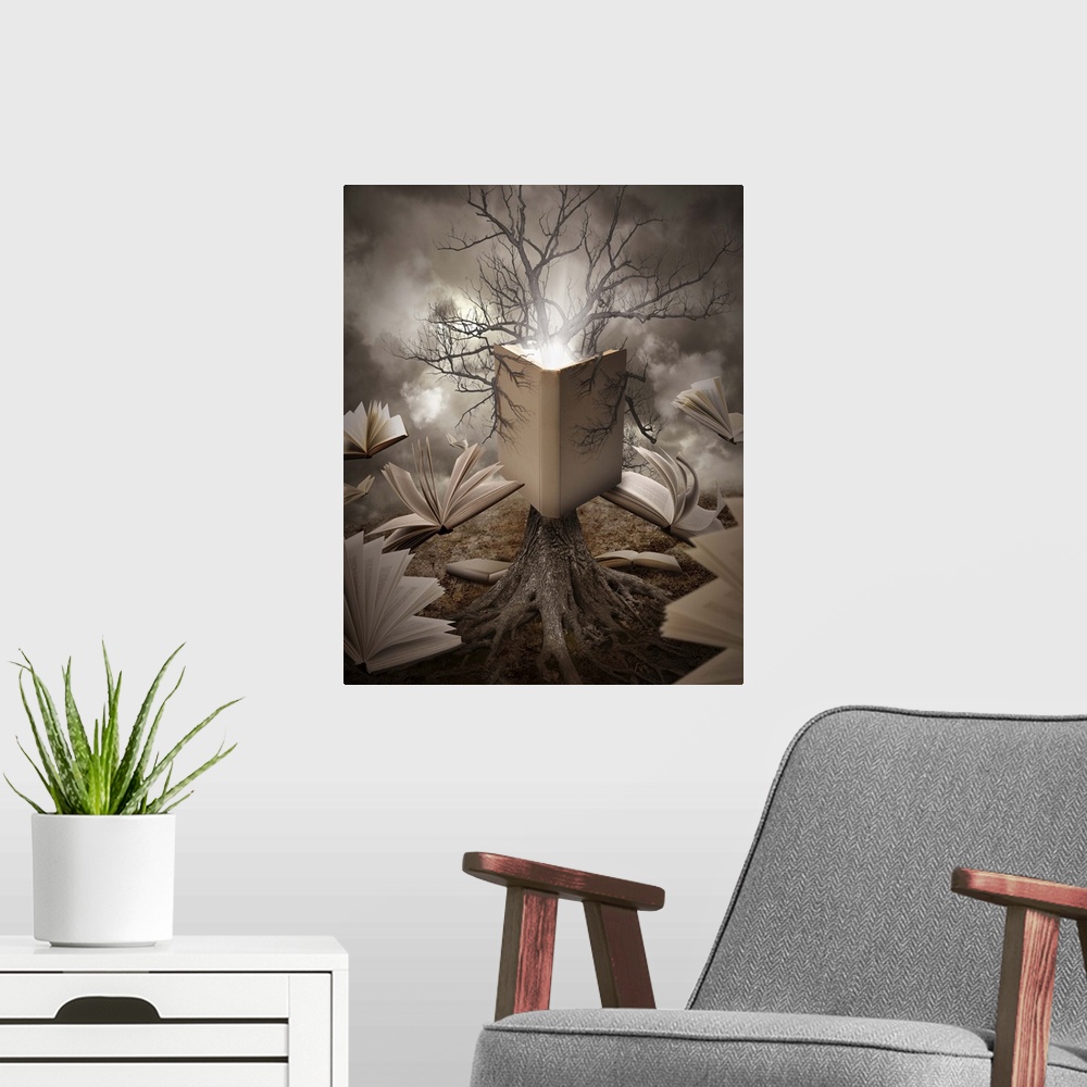 A modern room featuring A tree with roots is reading a story with books floating around it on a brown old landscape.