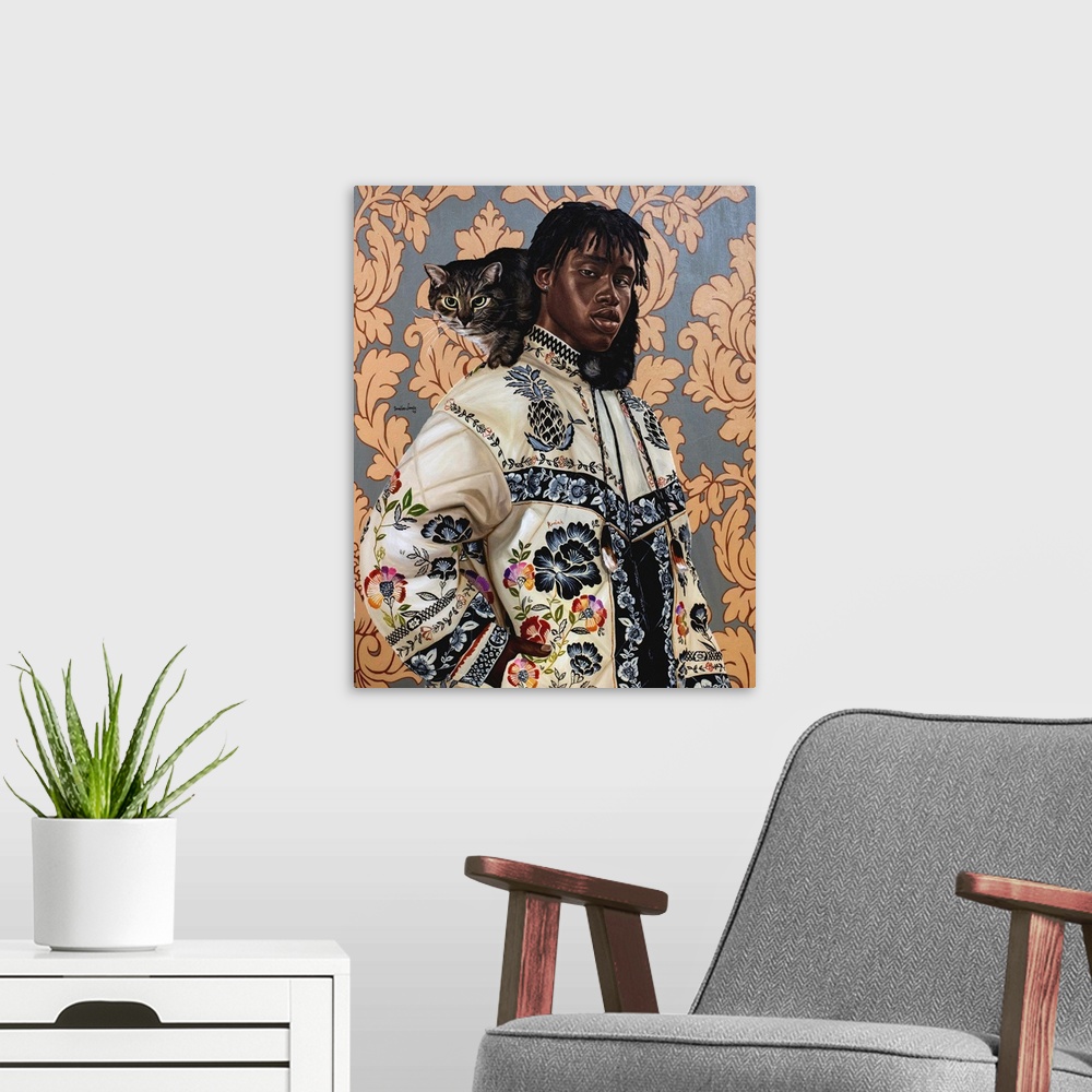 A modern room featuring A stunning example of contemporary Black portraiture by an up and coming Nigerian visual artist