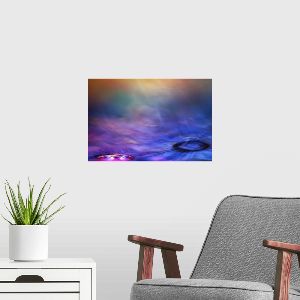 A modern room featuring Colorful abstract digital artwork with a set of eyes at the bottom and white smoky textures.