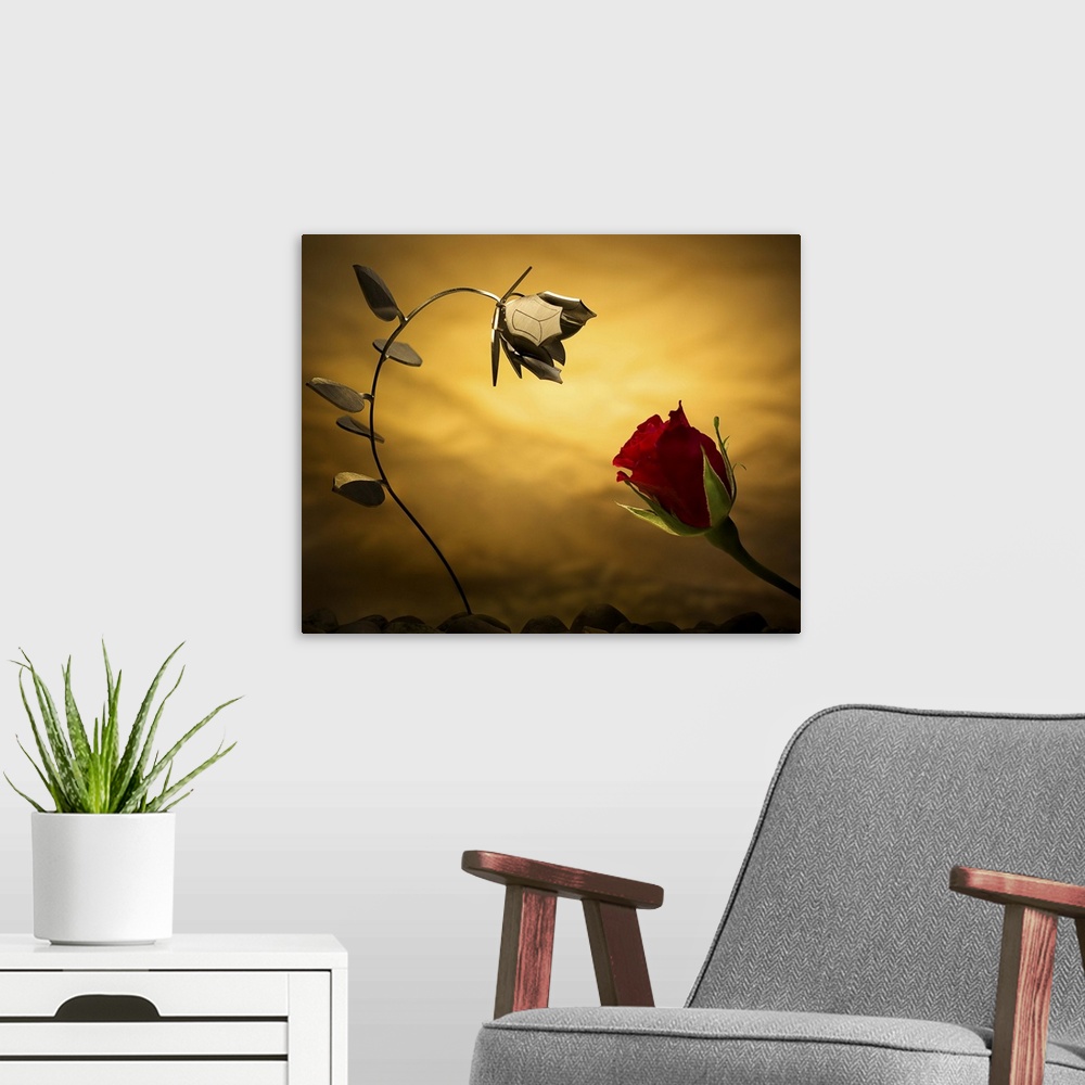 A modern room featuring Conceptual photo of a real rose and one made out of metal.