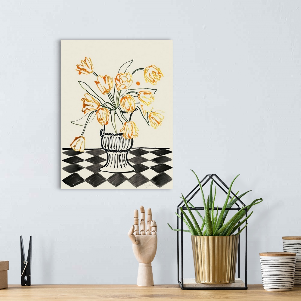 A bohemian room featuring Orange Tulips In A Vase With Checkered Diamonds