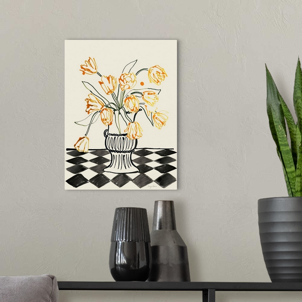 A modern room featuring Orange Tulips In A Vase With Checkered Diamonds