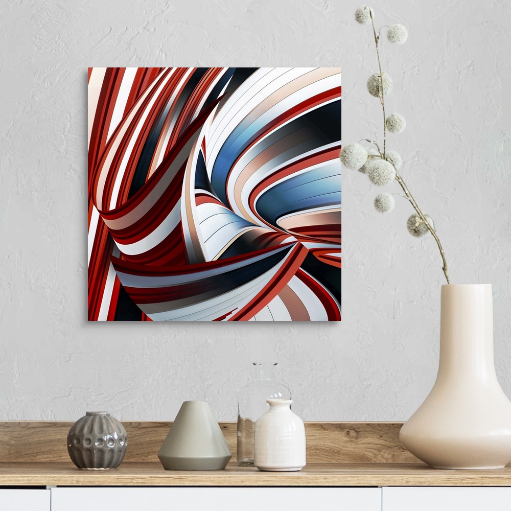 A farmhouse room featuring Abstract image of swirling red, blue, white, and black stripes.