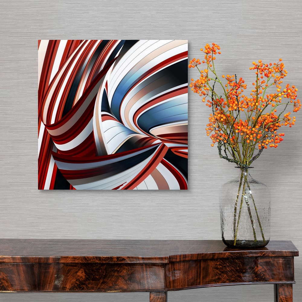A traditional room featuring Abstract image of swirling red, blue, white, and black stripes.