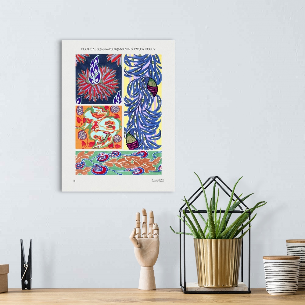 A bohemian room featuring An Art Deco collage of different vintage floral patterns