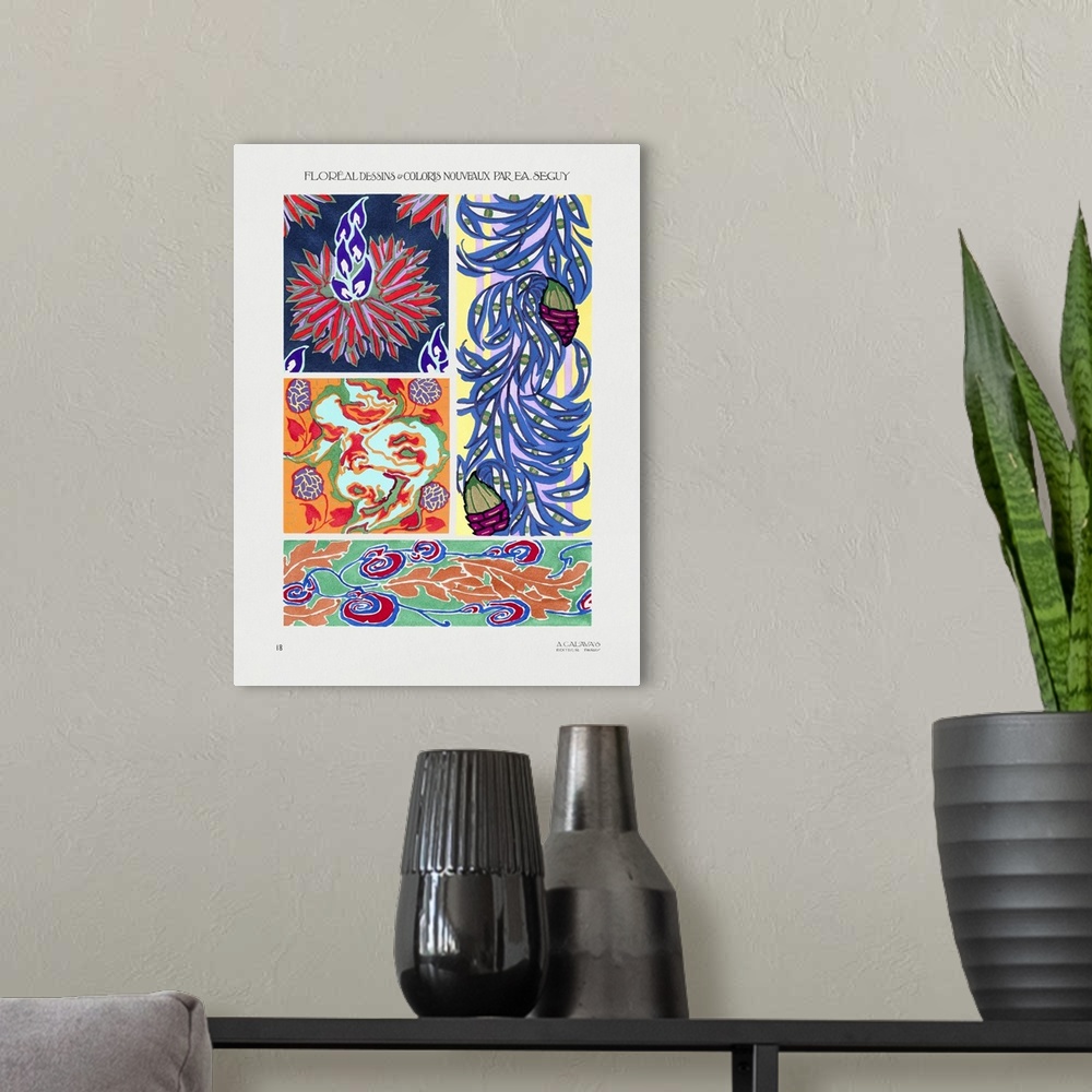 A modern room featuring An Art Deco collage of different vintage floral patterns