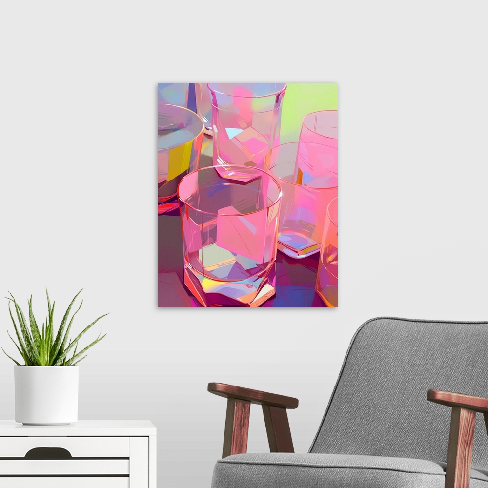 A modern room featuring A pop art style illustration of pink rocks glasses on a table. A bright and trendy interpretation...